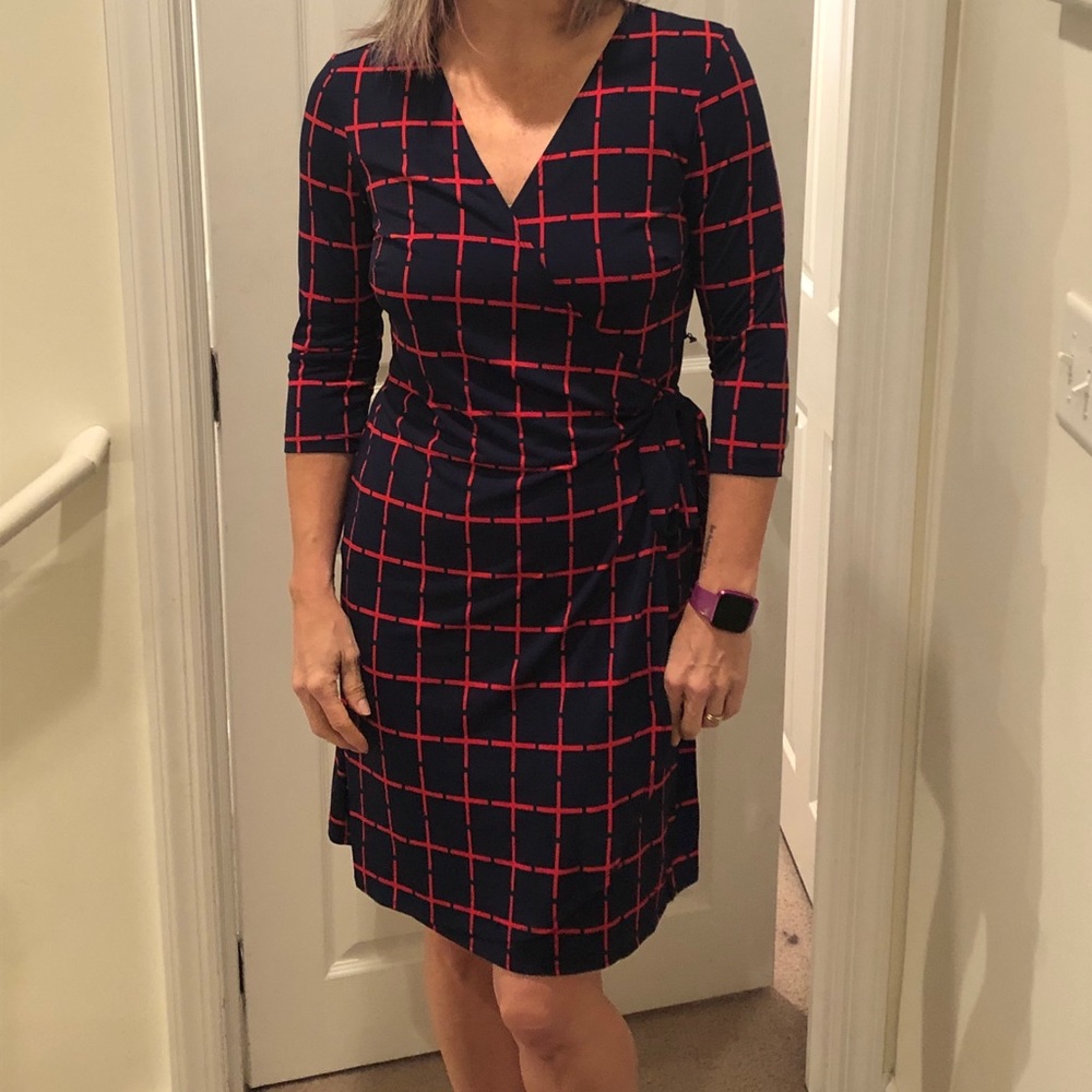 Navy and red full wrap dress